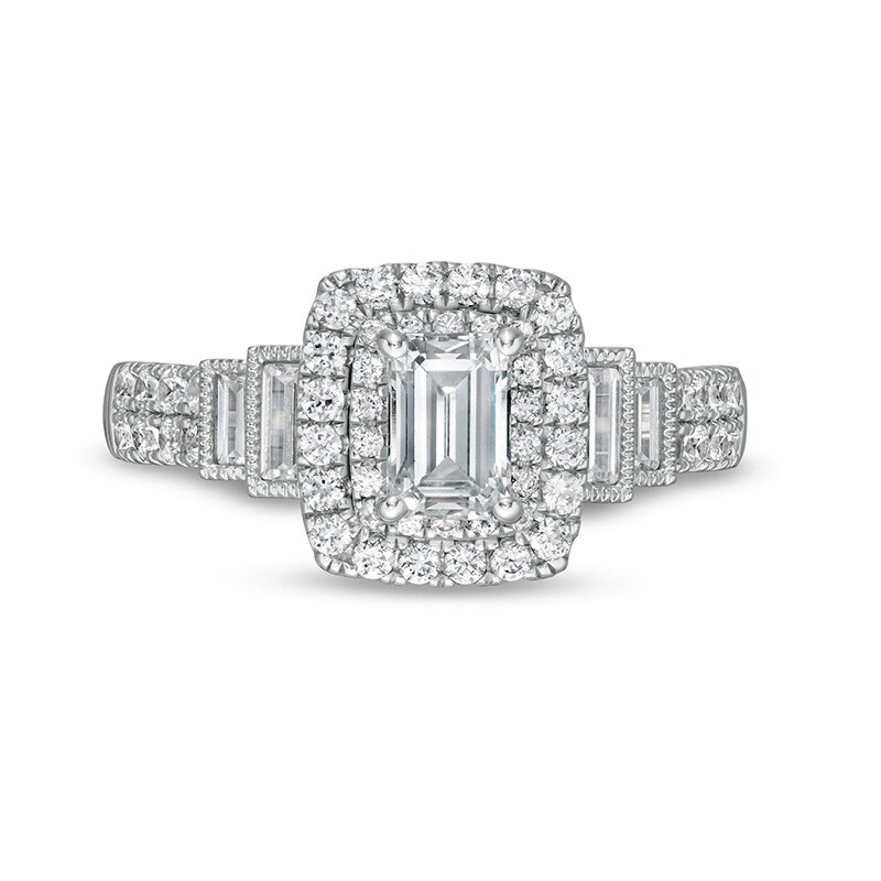 Main Image 4 of Previously Owned - 1-1/5 CT. T.W. Emerald-Cut Diamond Frame Vintage-Style Tiered Shank Engagement Ring in 14K White Gold