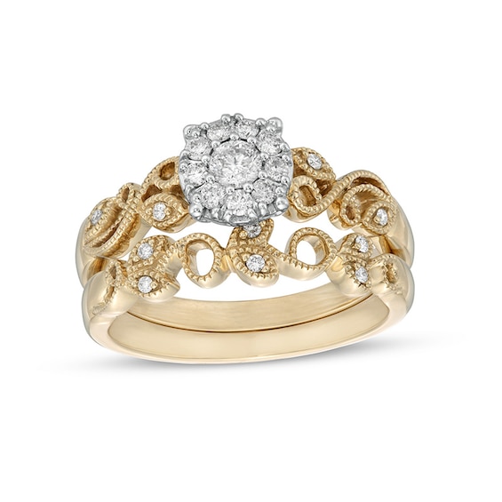 Previously Owned - 1/3 CT. T.w. Diamond Frame Vintage-Style Vine Bridal Set in 10K Gold