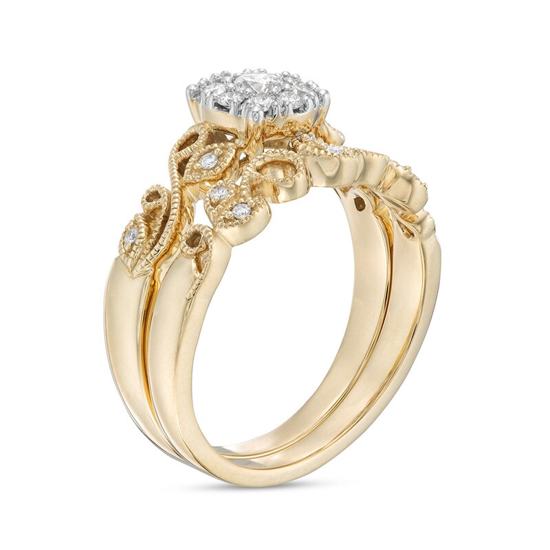 Main Image 3 of Previously Owned - 1/3 CT. T.W. Diamond Frame Vintage-Style Vine Bridal Set in 10K Gold