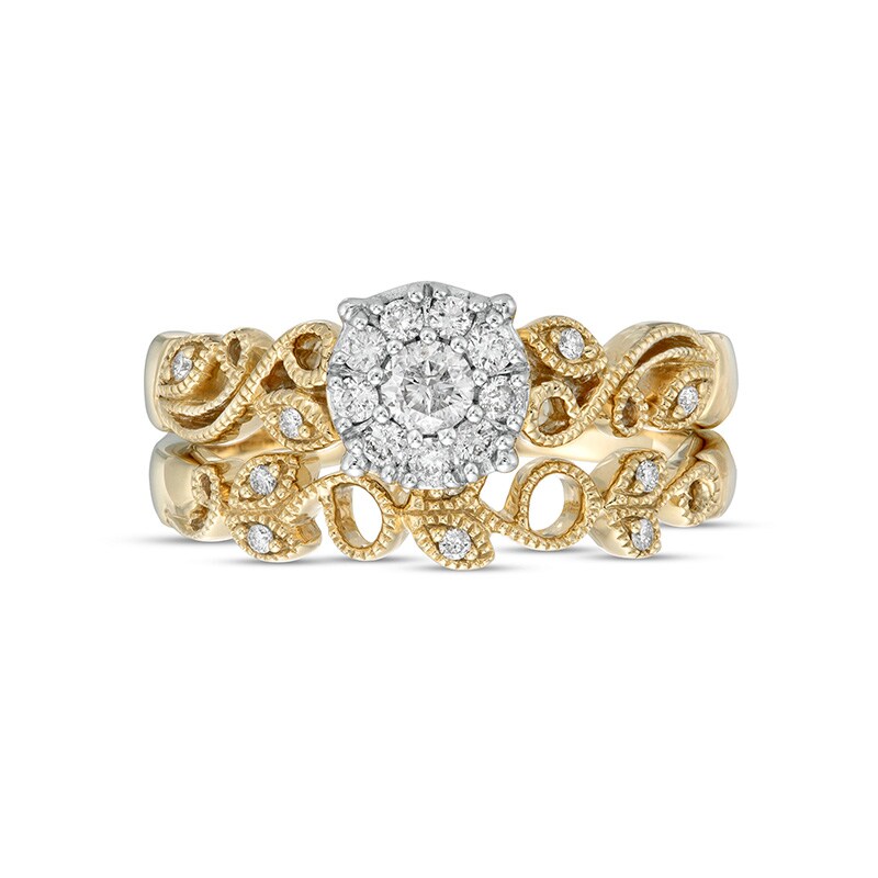 Main Image 4 of Previously Owned - 1/3 CT. T.W. Diamond Frame Vintage-Style Vine Bridal Set in 10K Gold