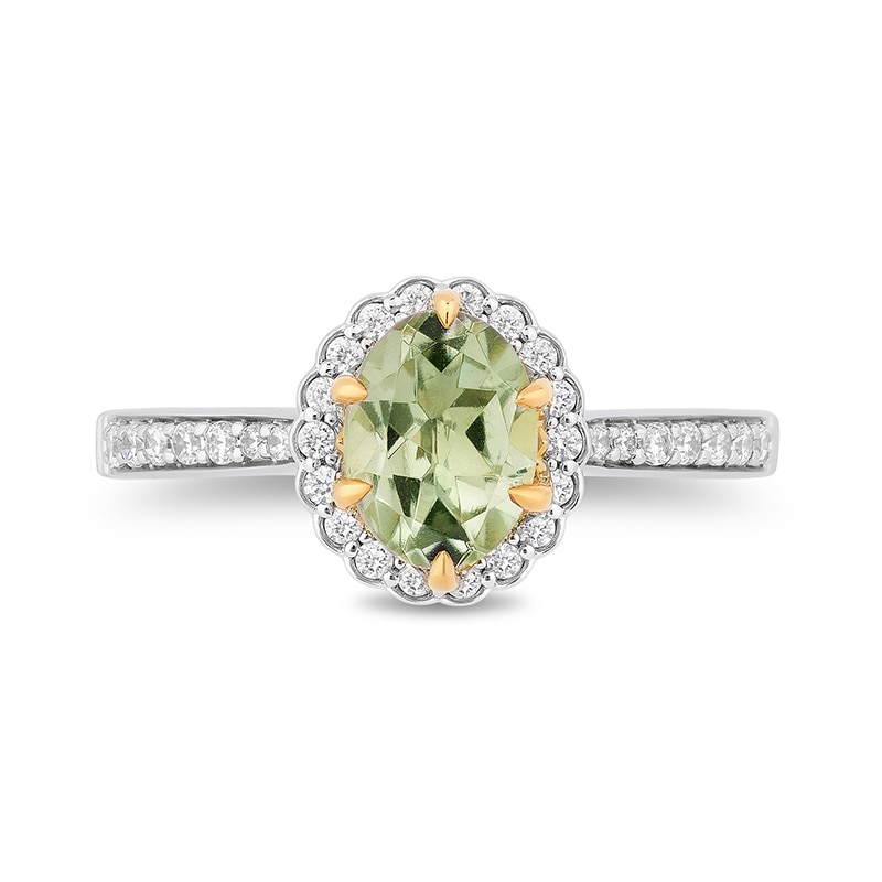 Main Image 4 of Previously Owned - Enchanted Disney Tiana Green Quartz and 1/3 CT. T.W. Diamond Claw Prong Ring in 14K Two-Tone Gold