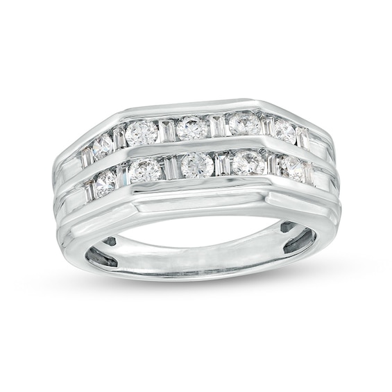Previously Owned - 1 CT. T.w. Baguette and Round Diamond Double Row Wedding Band in 10K White Gold