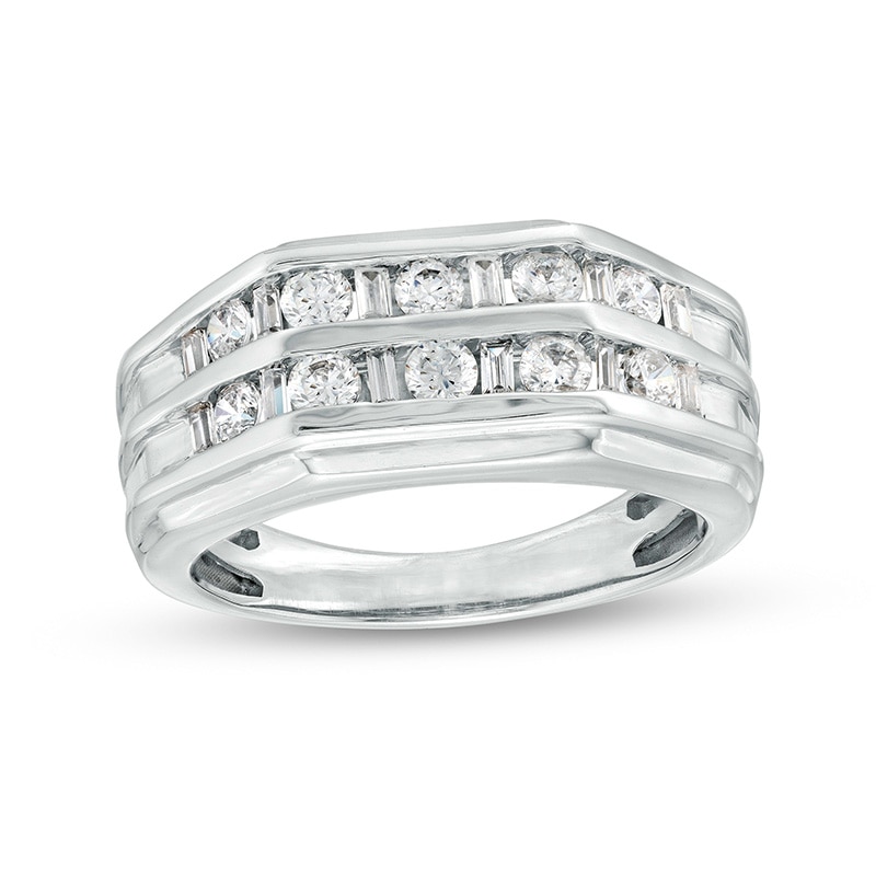 Main Image 1 of Previously Owned - 1 CT. T.W. Baguette and Round Diamond Double Row Wedding Band in 10K White Gold