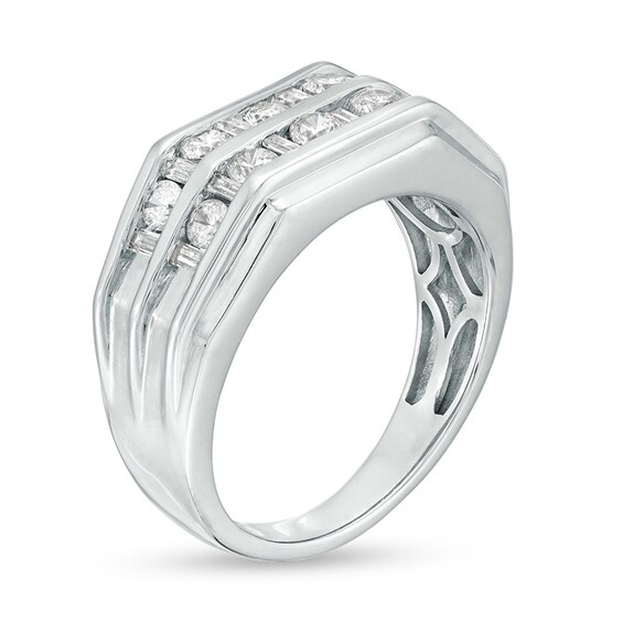 Previously Owned - 1 CT. T.w. Baguette and Round Diamond Double Row Wedding Band in 10K White Gold