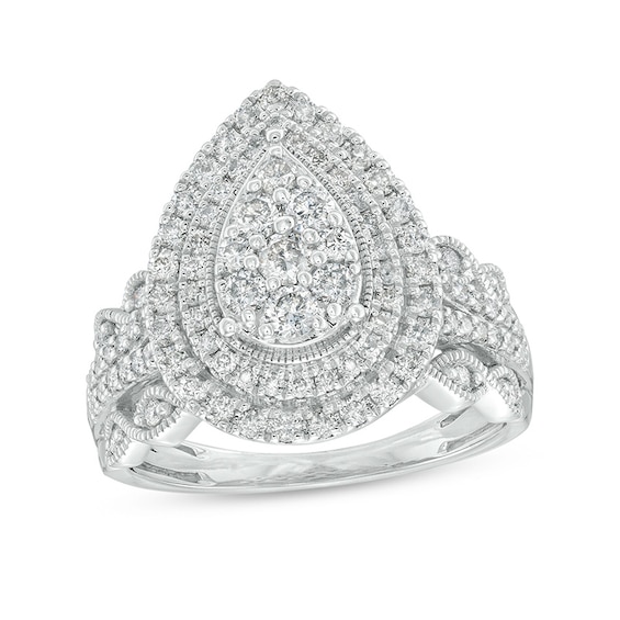 Previously Owned - 1 CT. T.w. Pear Multi-Diamond Double Frame Scallop Vintage-Style Engagement Ring in 10K White Gold