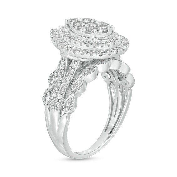 Previously Owned - 1 CT. T.w. Pear Multi-Diamond Double Frame Scallop Vintage-Style Engagement Ring in 10K White Gold