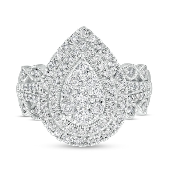 Previously Owned - 1 CT. T.w. Pear Multi-Diamond Double Frame Scallop Vintage-Style Engagement Ring in 10K White Gold