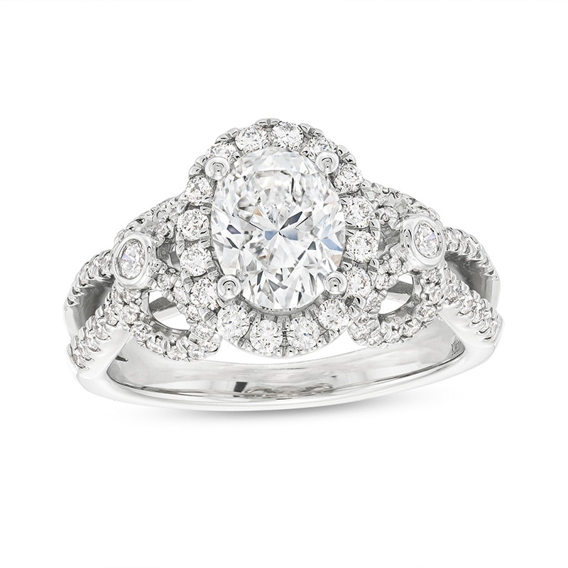 Main Image 1 of Previously Owned - Kleinfeld® x Zales 2-1/5 CT. T.W. Oval Lab-Created Diamond Split Shank Engagement Ring in Platinum