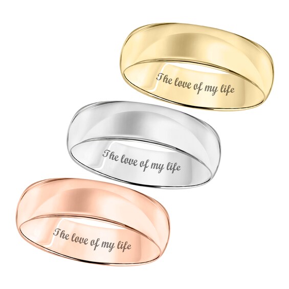 Previously Owned - 6.0mm Engravable Low Dome Comfort Fit Wedding Band in 10K White, Yellow or Rose Gold (1 Line)