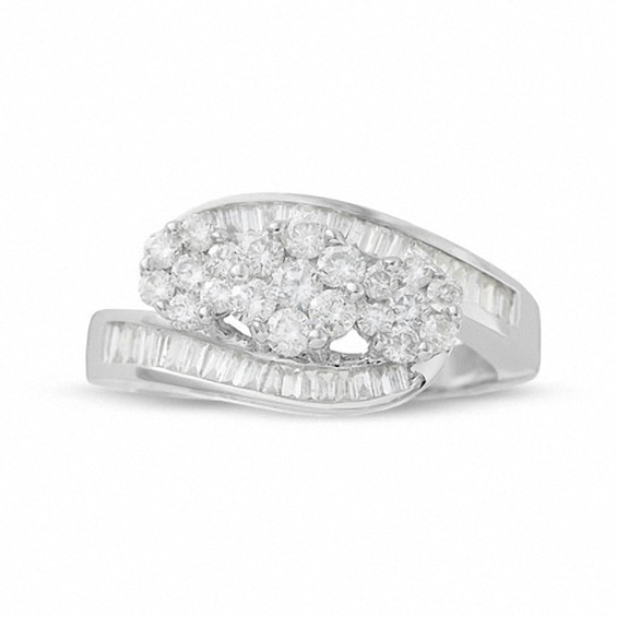 Previously Owned - 1 CT. T.w. Multi-Diamond Three Flower Bypass Right Hand Ring in 14K White Gold