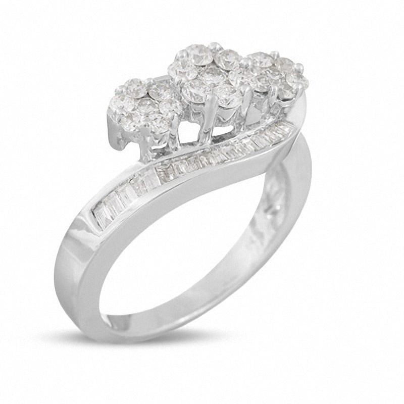 Main Image 2 of Previously Owned - 1 CT. T.W. Multi-Diamond Three Flower Bypass Right Hand Ring in 14K White Gold