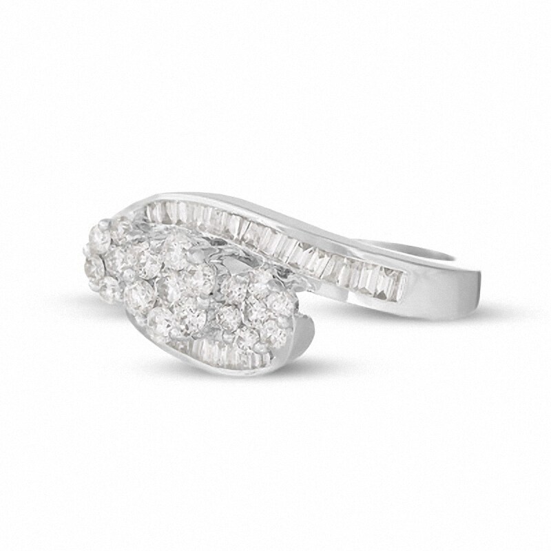 Main Image 3 of Previously Owned - 1 CT. T.W. Multi-Diamond Three Flower Bypass Right Hand Ring in 14K White Gold