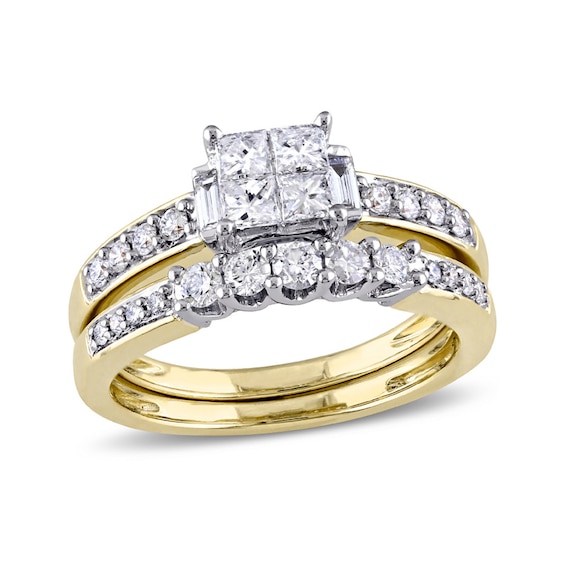 Previously Owned - 1 CT. T.w. Quad Princess-Cut Diamond Bridal Set in 14K Two-Tone Gold