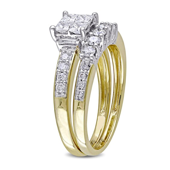 Previously Owned - 1 CT. T.w. Quad Princess-Cut Diamond Bridal Set in 14K Two-Tone Gold