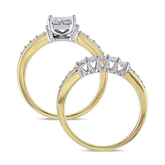 Previously Owned - 1 CT. T.w. Quad Princess-Cut Diamond Bridal Set in 14K Two-Tone Gold