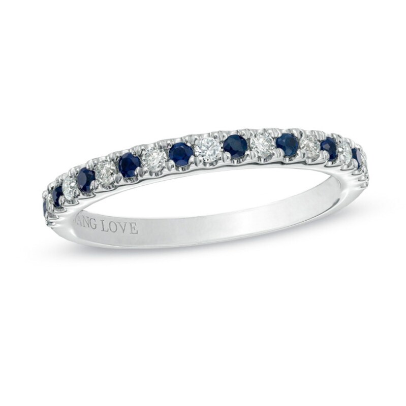 Main Image 1 of Previously Owned - Vera Wang Love Collection 1/8 CT. T.W. Diamond and Blue Sapphire Band in 14K White Gold