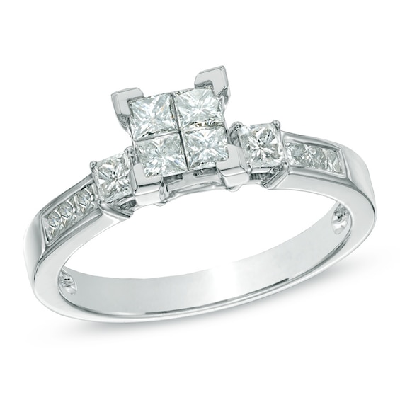Previously Owned - 3/4 CT. T.w. Quad Princess-Cut Diamond Three Stone Engagement Ring in 14K White Gold