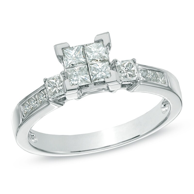 Main Image 1 of Previously Owned - 3/4 CT. T.W. Quad Princess-Cut Diamond Three Stone Engagement Ring in 14K White Gold