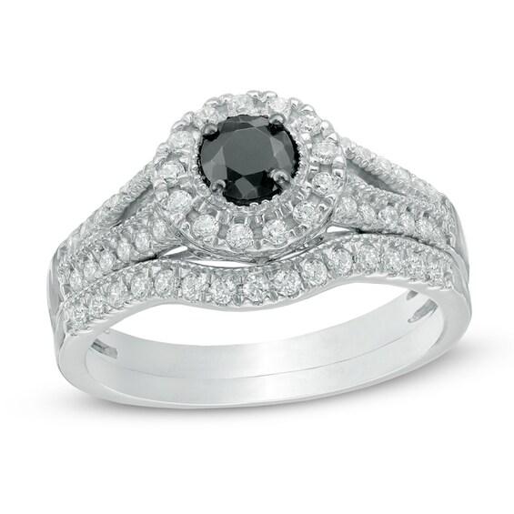 Previously Owned - 3/4 CT. T.w. Enhanced Black and White Diamond Frame Bridal Set in 10K White Gold