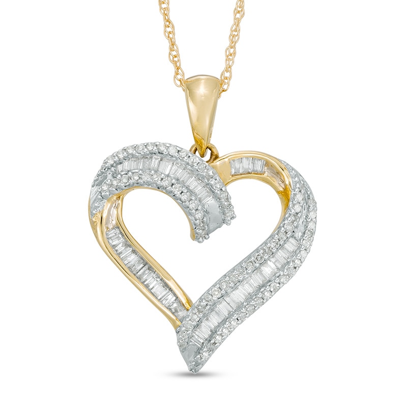 Main Image 1 of Previously Owned - 1/4 CT. T.W. Baguette and Round Diamond Heart Pendant in 10K Gold