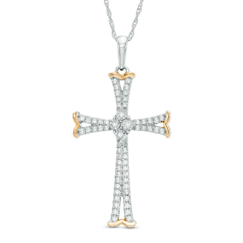 Main Image 1 of Previously Owned - 1/5 CT. T.W. Diamond Cross Pendant in 10K Two-Tone Gold