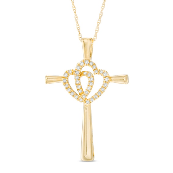 Previously Owned - 1/8 CT. T.w. Diamond Interlocking Hearts Cross Pendant in 10K Gold