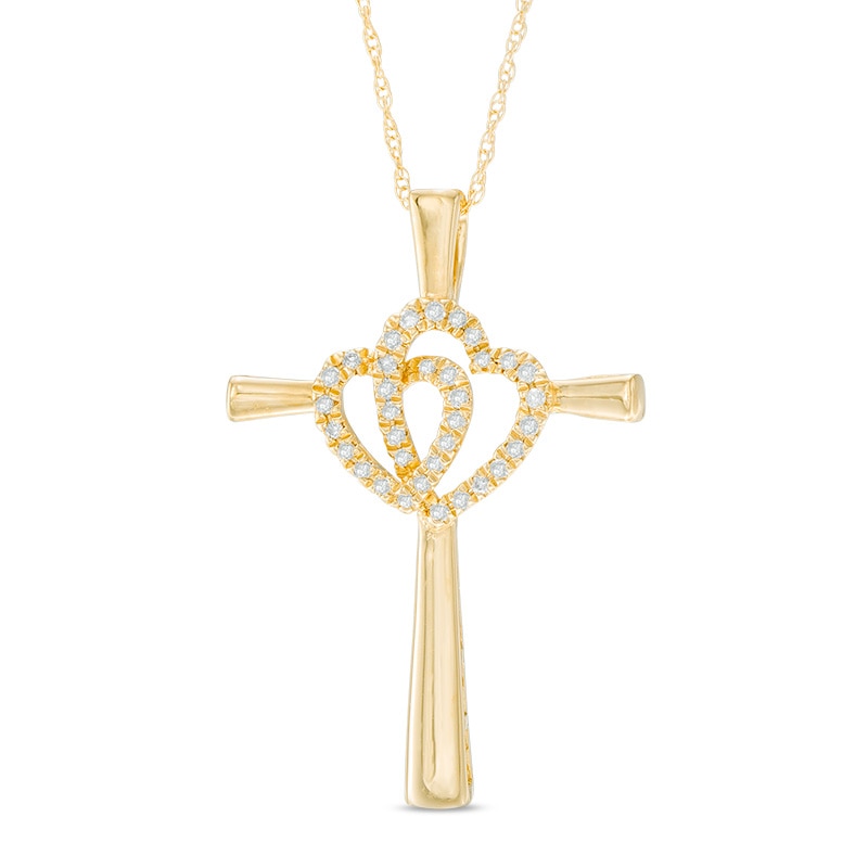 Main Image 1 of Previously Owned - 1/8 CT. T.W. Diamond Interlocking Hearts Cross Pendant in 10K Gold