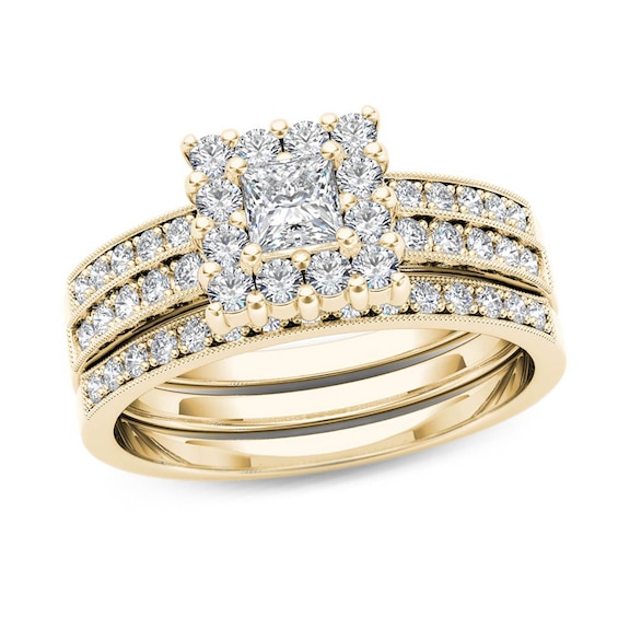 Previously Owned - 7/8 CT. T.w. Princess-Cut Diamond Frame Three Piece Bridal Set in 14K Gold