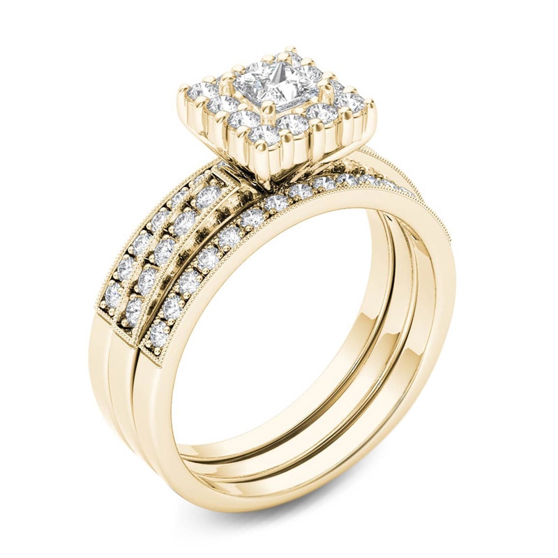 Main Image 2 of Previously Owned - 7/8 CT. T.W. Princess-Cut Diamond Frame Three Piece Bridal Set in 14K Gold