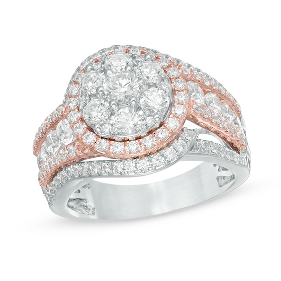 Previously Owned - 2 CT. T.w. Multi-Diamond Frame Swirl Engagement Ring in 14K Two-Tone Gold