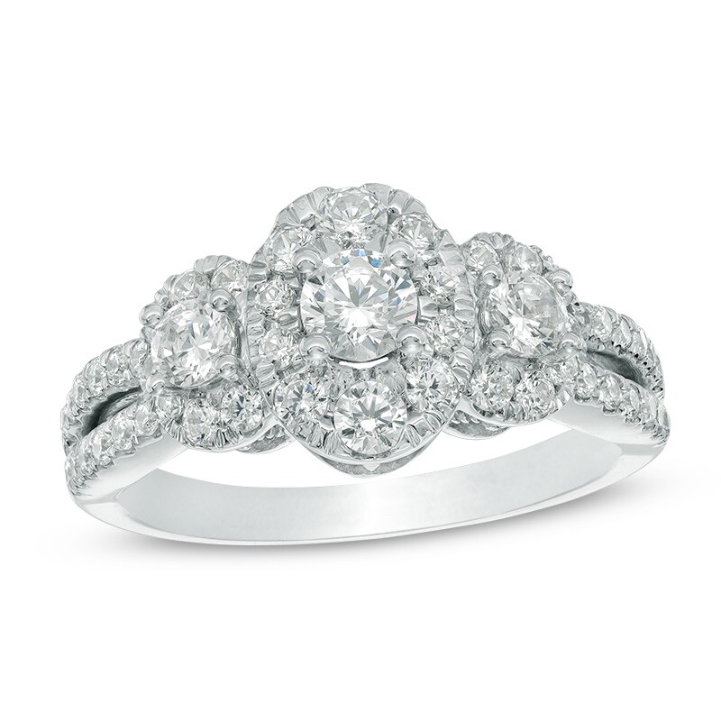 Main Image 1 of Previously Owned - 1-1/4  CT. T.W. Diamond Oval Frame Three Stone Engagement Ring in 10K White Gold
