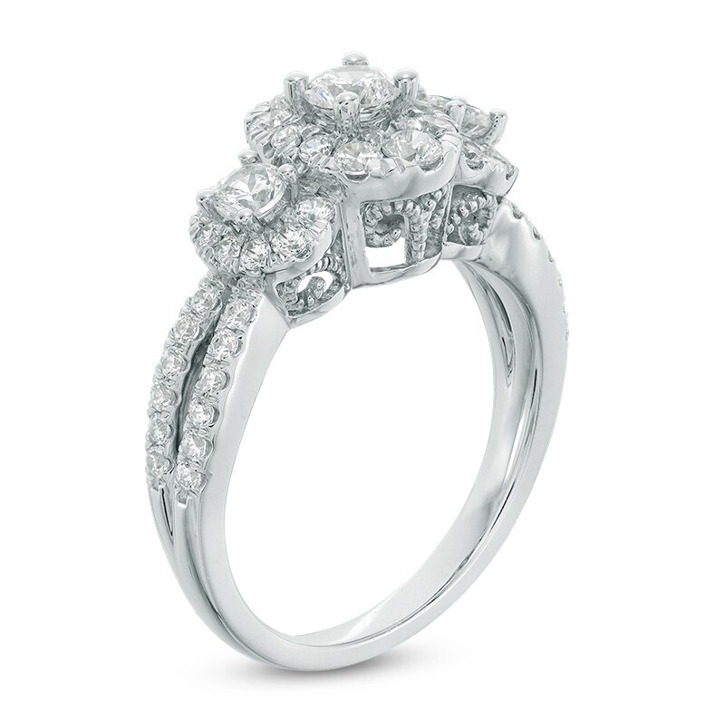Main Image 2 of Previously Owned - 1-1/4  CT. T.W. Diamond Oval Frame Three Stone Engagement Ring in 10K White Gold