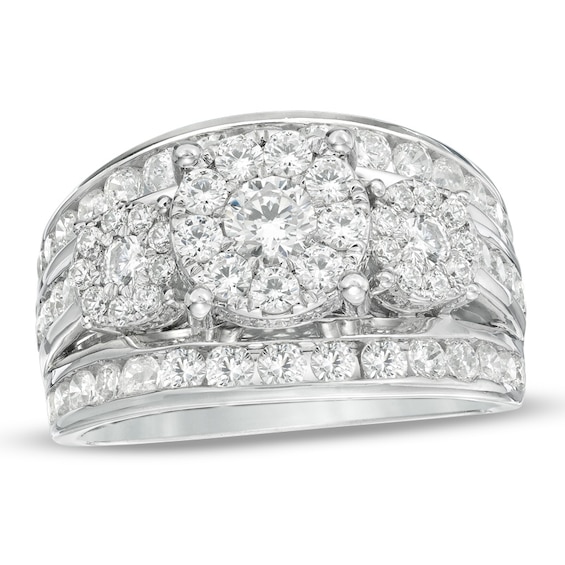 Previously Owned - 2 CT. T.w. Diamond Frame Three Stone Multi-Row Engagement Ring in 14K White Gold