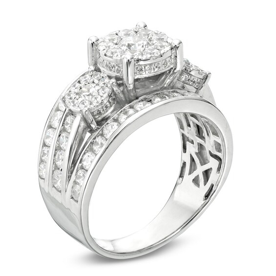 Previously Owned - 2 CT. T.w. Diamond Frame Three Stone Multi-Row Engagement Ring in 14K White Gold