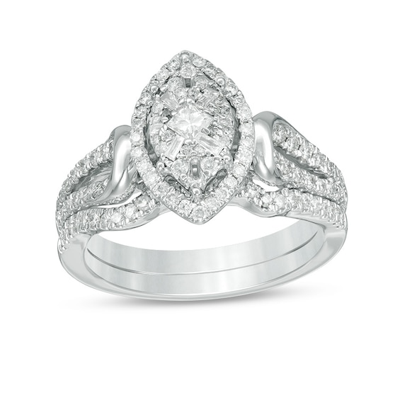 Previously Owned - 3/4 CT. T.w. Princess-Cut Diamond Marquise Frame Bridal Set in 14K White Gold