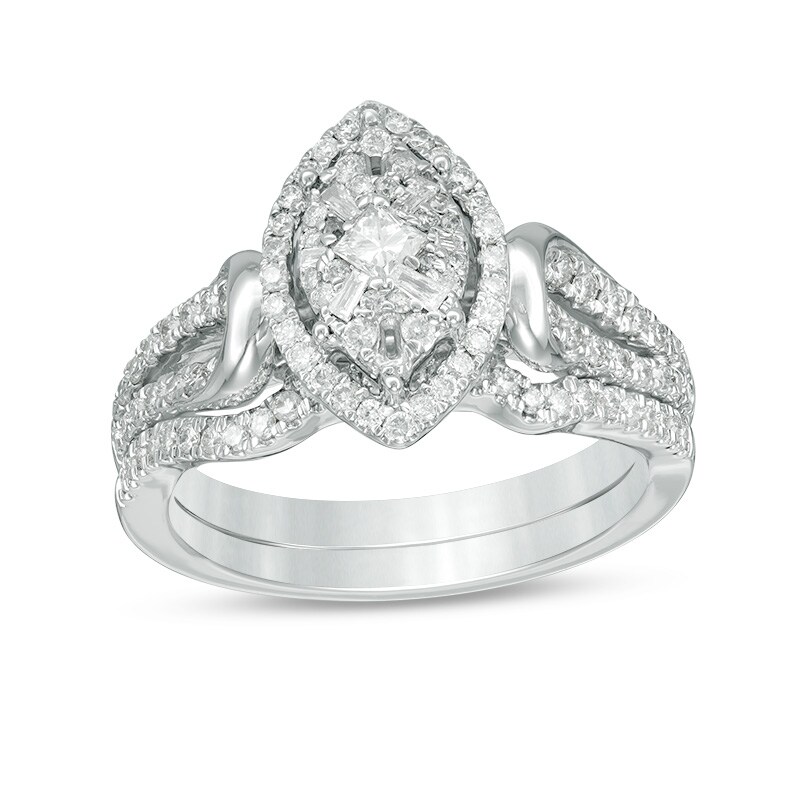 Main Image 1 of Previously Owned - 3/4 CT. T.W. Princess-Cut Diamond Marquise Frame Bridal Set in 14K White Gold
