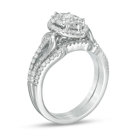 Previously Owned - 3/4 CT. T.w. Princess-Cut Diamond Marquise Frame Bridal Set in 14K White Gold