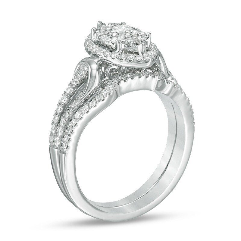 Main Image 2 of Previously Owned - 3/4 CT. T.W. Princess-Cut Diamond Marquise Frame Bridal Set in 14K White Gold