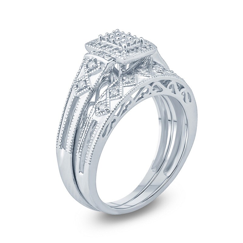 Main Image 2 of Previously Owned - 1/5 CT. T.W. Composite Diamond Rectangle Frame Geometric Shank Bridal Set in Sterling Silver