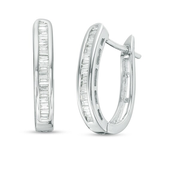Previously Owned - 1/4 CT. T.w. Baguette Diamond Hoop Earrings in 10K White Gold