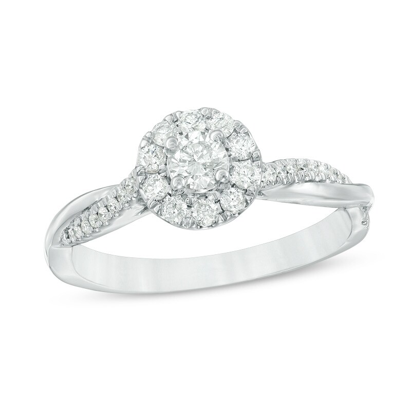 Main Image 1 of Previously Owned - 3/8 CT. T.W. Diamond Frame Twist Engagement Ring in 10K White Gold