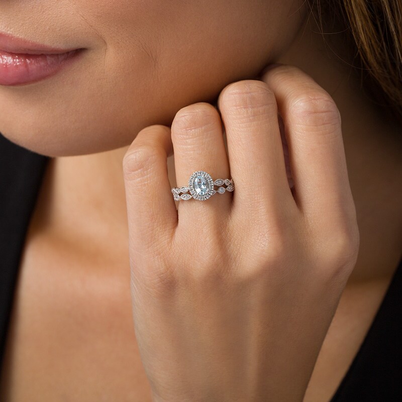Main Image 2 of Previously Owned - Oval Aquamarine and 1/5 CT. T.W. Diamond Frame Vintage-Style Bridal Set in 10K White Gold