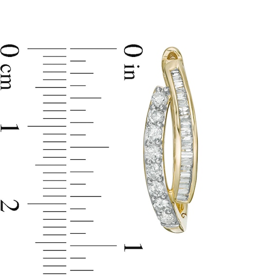 Previously Owned - 1 CT. T.w. Baguette and Round Diamond Double Row Hoop Earrings in 10K Gold