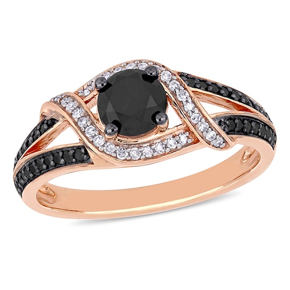 Previously Owned - 1 CT. T.w. Black and White Diamond Ribbon Bypass Engagement Ring in 10K Rose Gold