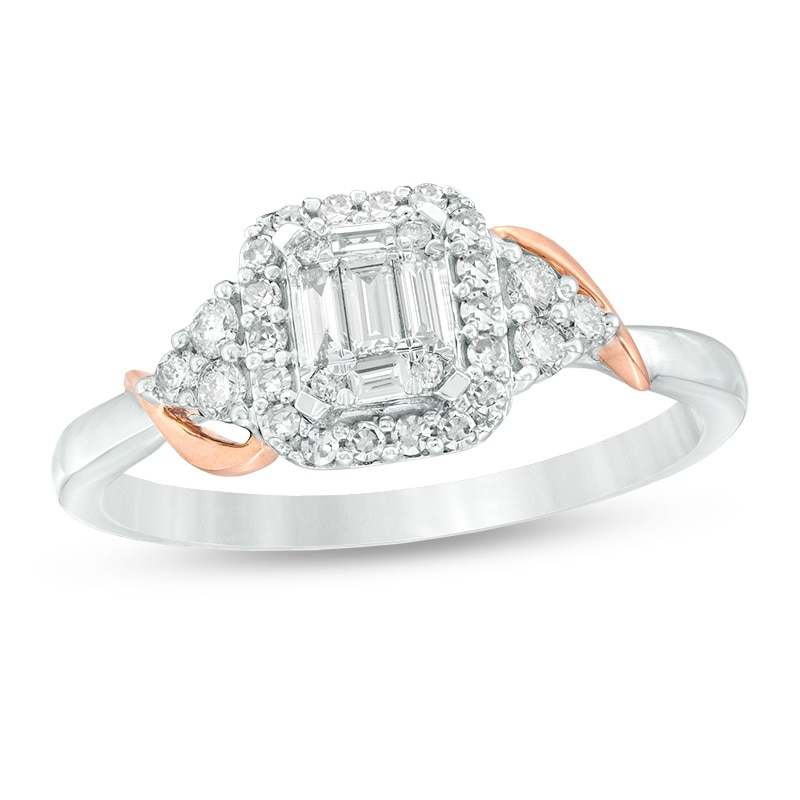 Main Image 1 of Previously Owned - 3/8 CT. T.W. Baguette and Round Diamond Cushion Frame Tri-Sides Ring in 10K Two-Tone Gold