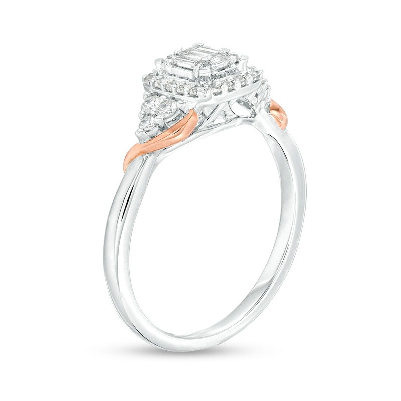Main Image 3 of Previously Owned - 3/8 CT. T.W. Baguette and Round Diamond Cushion Frame Tri-Sides Ring in 10K Two-Tone Gold