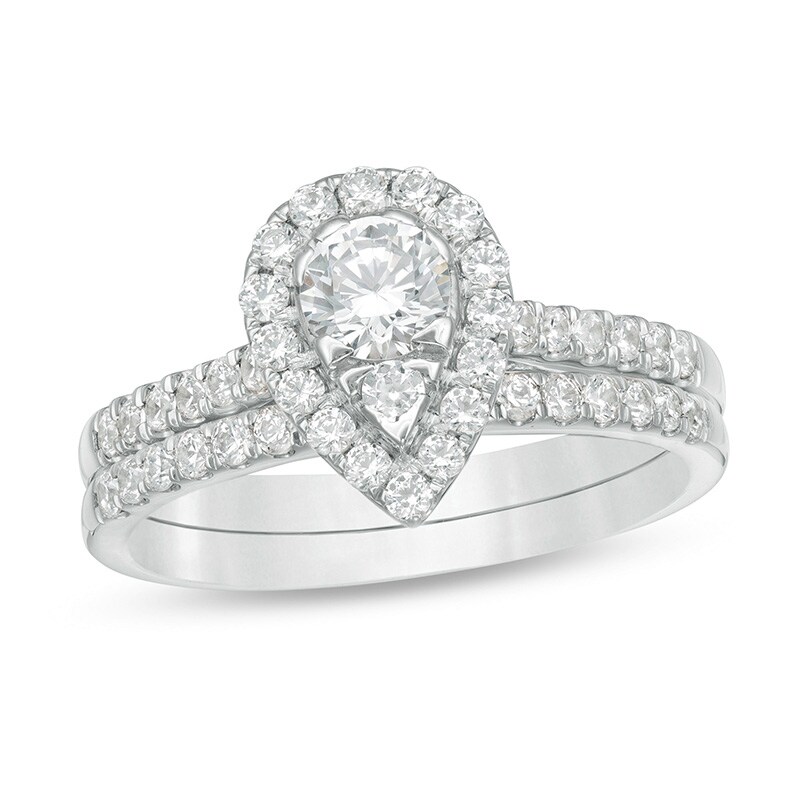 Main Image 1 of Previously Owned - 1 CT. T.W. Pear-Shaped Multi-Diamond Frame Bridal Set in 10K White Gold