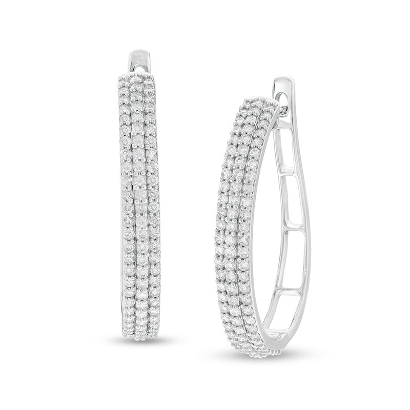 Main Image 1 of Previously Owned - 1 CT. T.W. Diamond Multi-Row Hoop Earrings in 10K White Gold
