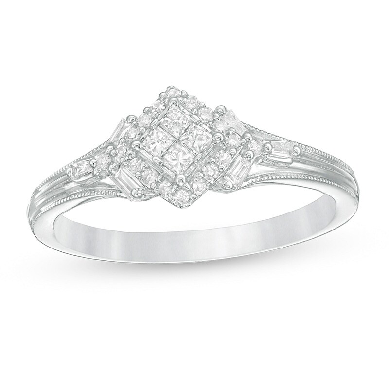 Main Image 1 of Previously Owned - 1/4 CT. T.W. Quad Princess-Cut Diamond Vintage-Style Promise Ring in 10K White Gold