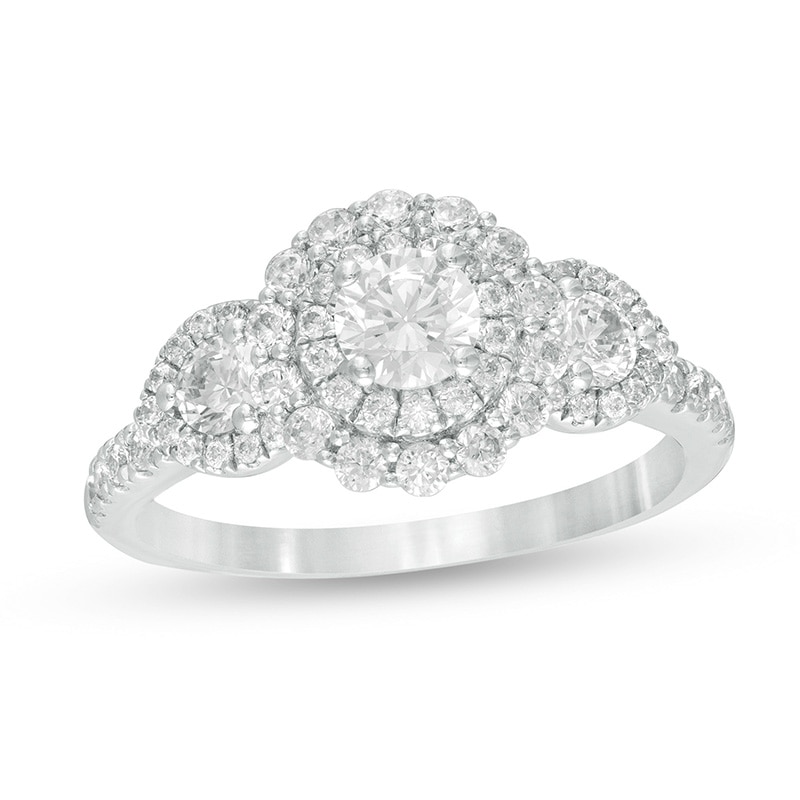 Main Image 1 of Previously Owned - 1-1/4 CT. T.W. Diamond Past Present Future® Double Frame Engagement Ring in 14K White Gold